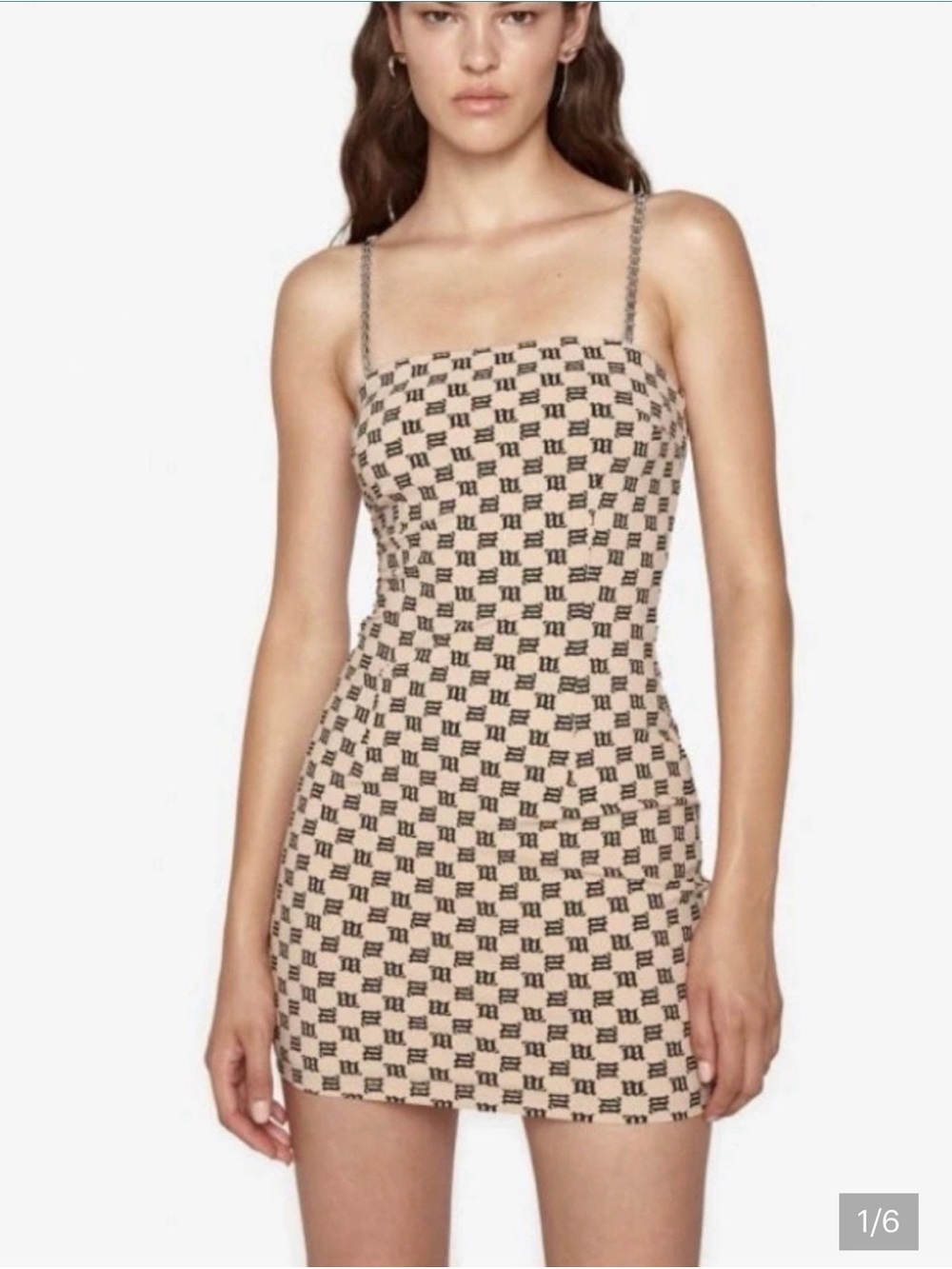 MISBHV Beige Mini Dress with Black Monogram Print & chain link shoulder straps